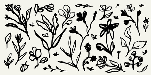 Abstract contemporary flowers with textures. Modern vector illustration. Small hand-drawn flowers set. Wild flowers and plants in charcoal or crayon drawing style. Pencil drawn branches and stems. - obrazy, fototapety, plakaty