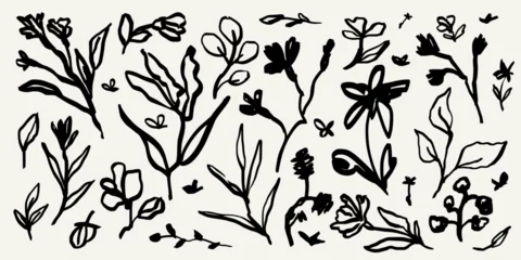 Fotobehang Abstract contemporary flowers with textures. Modern vector illustration. Small hand-drawn flowers set. Wild flowers and plants in charcoal or crayon drawing style. Pencil drawn branches and stems. © Katsyarina