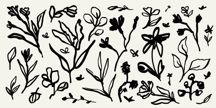Abstract contemporary flowers with textures. Modern vector illustration. Small hand-drawn flowers set. Wild flowers and plants in charcoal or crayon drawing style. Pencil drawn branches and stems.