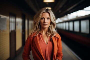 Portrait of a beautiful blonde woman in a red jacket on a train station