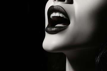 Close up view of lyrical female singer with open mouth. Black and white