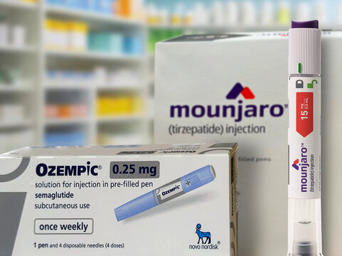 Ozempic from Novo Nordisk and Mounjaro from Eli Lilly with injecyion pen are medicines to help control blood sugar levels type 2 diabetes,  and weight loss. Copenhagen, Denmark - November 8, 2023.