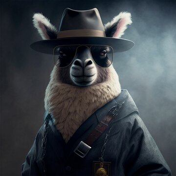 AI generated illustration of a lama wearing a coat and a hat against a gray background