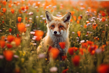Red Fox in Blooming Poppies at Sunset