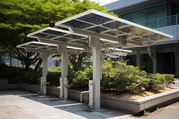 Solar panel pergola in urban setting, showcasing clean energy innovation with bifacial photovoltaic cells. - obrazy, fototapety, plakaty