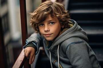 Portrait of a boy with curly hair in a gray sweatshirt.