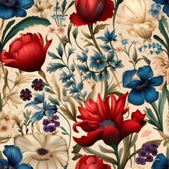 a floral pattern with flowers in blue and red on beige