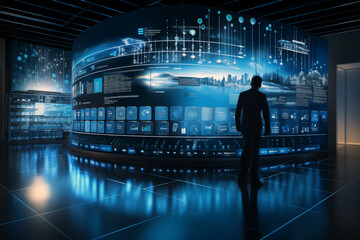 Silhouetted businessman in futuristic server room observing data analytics and city network connections.