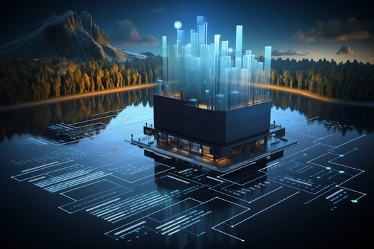 Futuristic data lakehouse concept with a holographic cityscape on a serene lake reflecting cutting-edge data integration.