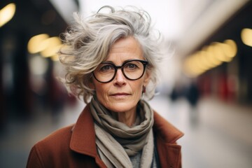 Portrait of senior woman with eyeglasses in the city.
