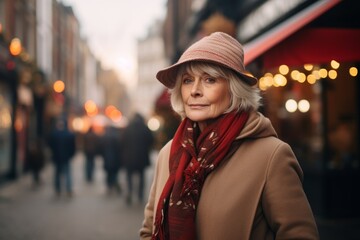 Portrait of senior woman in hat and scarf on the street.