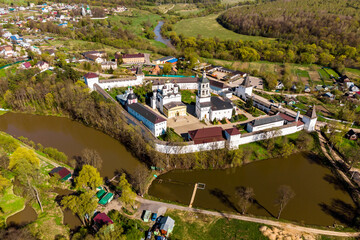 A picturesque aerial view of the ancient Orthodox Paphnutius-Borovsky monastery. Borovsk, Russia