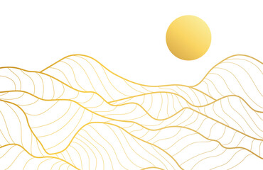 Golden mountains line art for wallpaper design background. Abstract landscape contemporary pattern with sun. Luxury design for card, invitation, fabric, print, wall art, cover. Vector illustration
