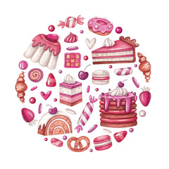 A composition with various sweets, cakes, desserts and pastries in a circle. Watercolor illustration. Candies. Meal. Cake. Croissant. Print on fabric and paper. Pink. Art. Design. Handmade work.