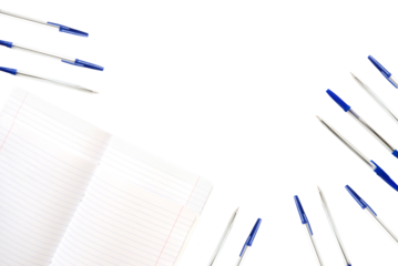 Notebook with pens in PNG isolated on transparent background.  Background on the theme back to school. Border.