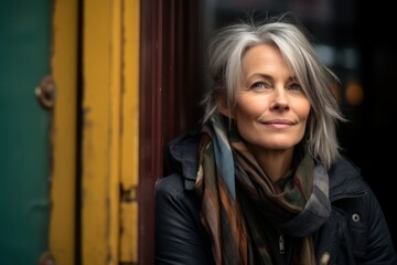 Portrait of a beautiful middle-aged woman with gray hair and a scarf.