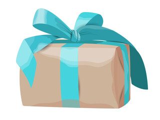 Gift icon in craft paper with blue bow ribbon isolated on transparent and white background. Festive element closeup for design decoration. Vector cartoon illustration for Father's Day and New Year.