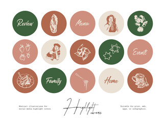 Set of hand drawn line art food and beverages illustrations for social media highlight covers