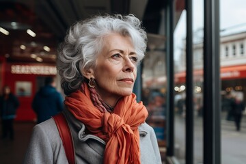 Portrait of a senior woman on the background of the train station