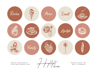 Set of hand drawn line art food and beverages illustrations for social media highlight covers