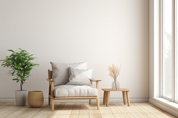 Interior of living room with brown armchair and plant