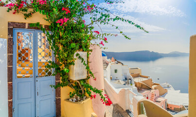 traditional greek village Oia of Santorini, beautiful street against Aegan sea and caldera, Greece, web banner format