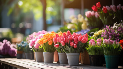 colorful flower pots with flowers in shop