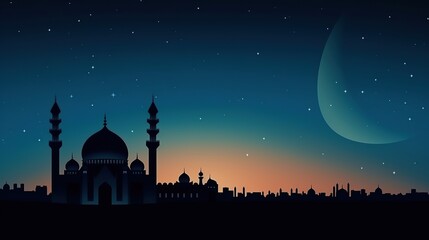 Mosque dome and crescent moon in the background, symbol of Islamic religion and empty space for text. Generative AI