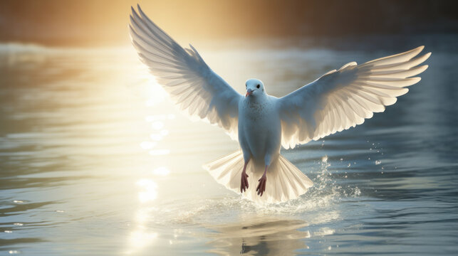 white dove splashing on the water