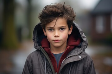 Portrait of a boy in a black jacket on the street.