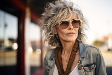 Portrait of a beautiful mature woman with short wavy hair and sunglasses outdoors.