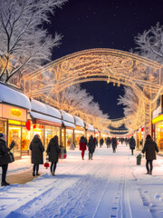 People walking on the street, christmas market square, night. Generative AI