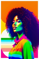 AI generated illustration of beautiful dark-skinned girl with curly hair on a colorful  background