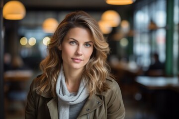 Portrait of a beautiful young woman in a coffee shop or restaurant