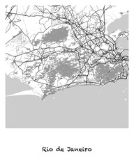 Poster design of a map of the city of Rio de Janeiro in Brazil. 4:5 aspect ratio with a white border and the name of the city of Rio de Janeiro written in black charcoal style text below.