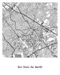 Poster design of a map of the city of Sao Joao de Meriti in Brazil. 4:5 aspect ratio with a white border and the name of the city of Sao Joao de Meriti written in black charcoal style text below.