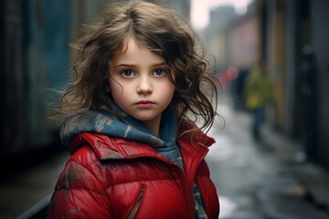 Portrait of a cute little girl in a red jacket on the street.
