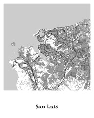 Poster design of a map of the city of Sao Luis in Brazil. 4:5 aspect ratio with a white border and the name of the city of Sao Luis written in black charcoal style text below.
