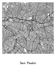 Poster design of a map of the city of Sao Paulo in Brazil. 4:5 aspect ratio with a white border and the name of the city of Sao Paulo written in black charcoal style text below.
