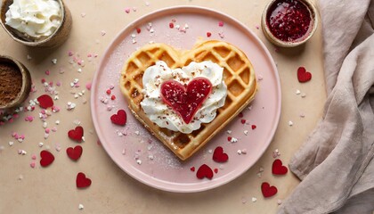 heart shaped waffles with whipped cream and jam on pink plate. romantic valentines day breakfast