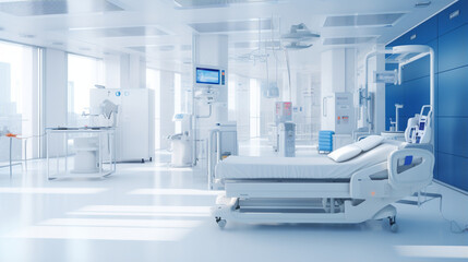 Empty clean ICU room with modern medical equipment and sun light. Created using generative AI.