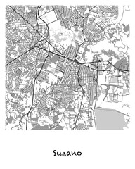 Poster design of a map of the city of Suzano in Brazil. 4:5 aspect ratio with a white border and the name of the city of Suzano written in black charcoal style text below.
