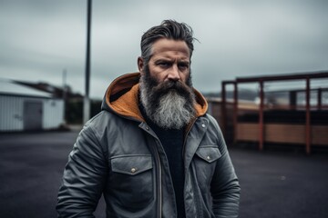Handsome bearded man with long grey beard and mustache in leather jacket on urban background