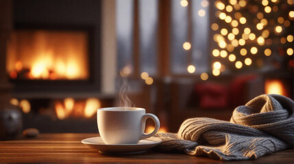 Mug of hot drink in front of fireplace
