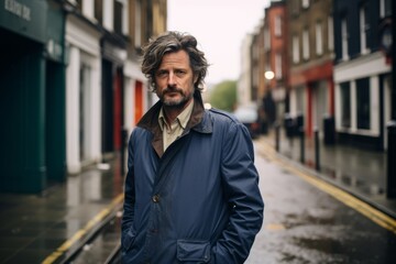 Handsome bearded man with long wavy hair in a blue jacket is standing in the street on a rainy day.