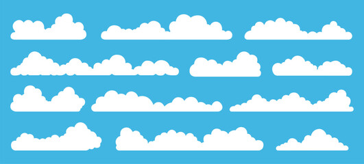 Set of Big Clouds. Cloud Icon. Different Shape White Clouds on Blue Background Vector Illustration.