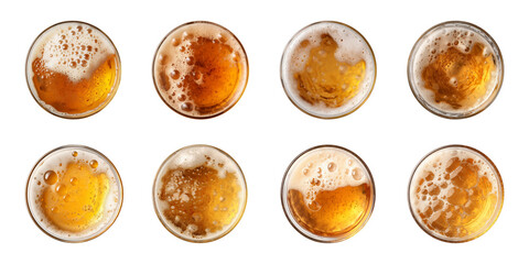 Collection set glass of beer with bubble on glass isolated on a transparent background, top view - obrazy, fototapety, plakaty