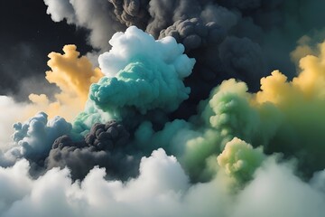 Colorful smoke clouds, Spectacular cloud burst of blue, green, and yellow smoke background. Clouds and storm colored background. Macro shot