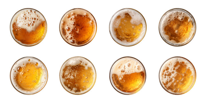 Collection set glass of beer with bubble on glass isolated on a transparent background, top view
