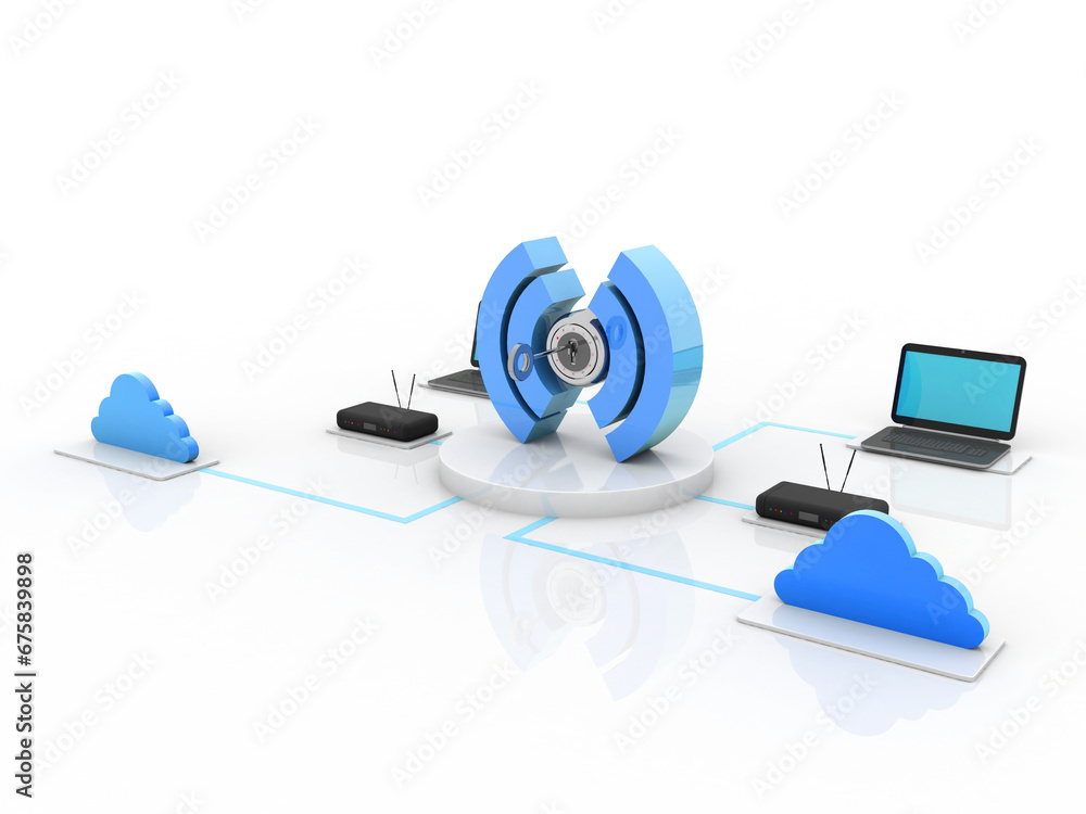 Poster 3d rendering technology computer modem network with wifi